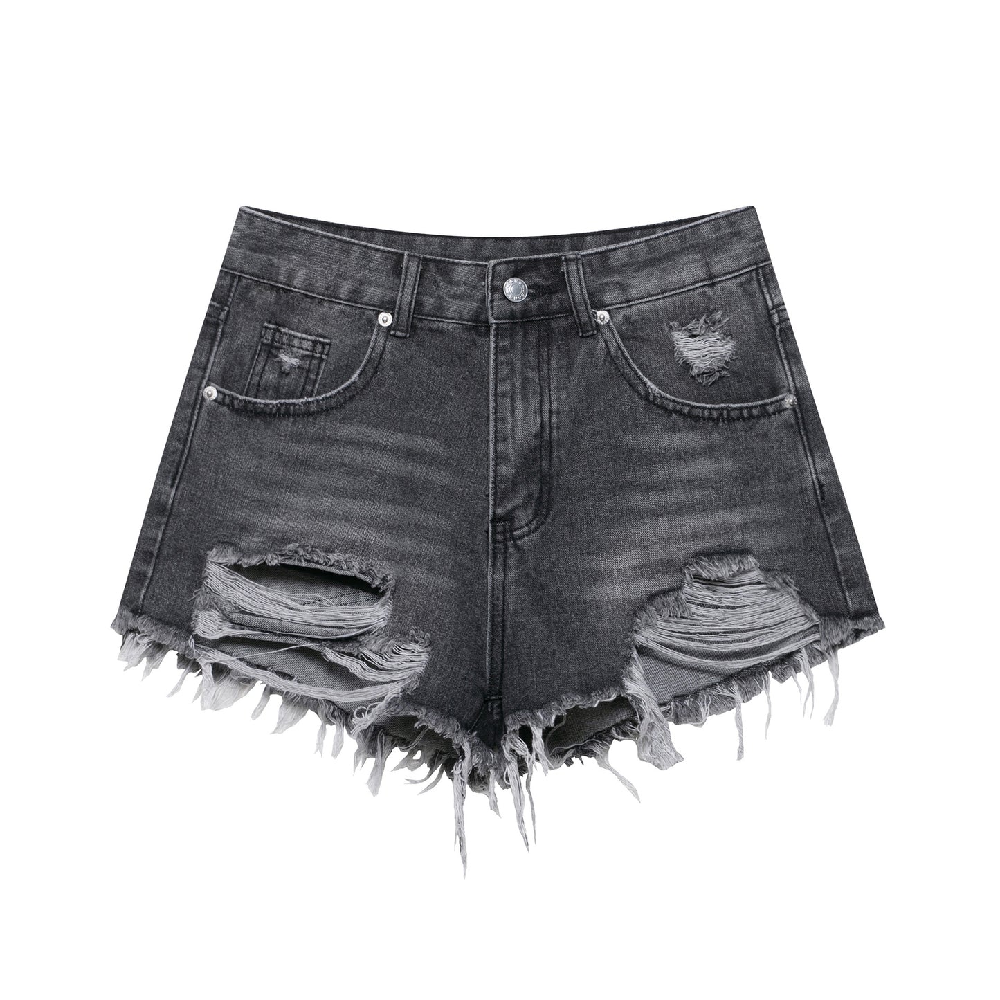 Broken Hole Decorative Curved Edge Denim Shorts for Women