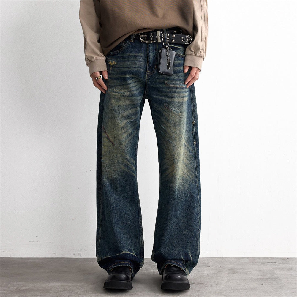 Vintage Blue Washed Straight-Fit Denim Jeans for Men