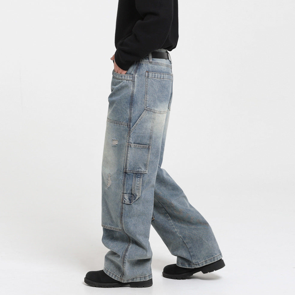 Vintage Washed Ripped Denim Pants for Men - Autumn Winter Loose Wide Leg Straight Cut Casual Wear