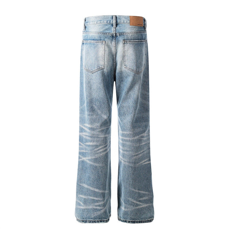 Washed Cat Beard Pattern Blue Straight Tube Wide Legs