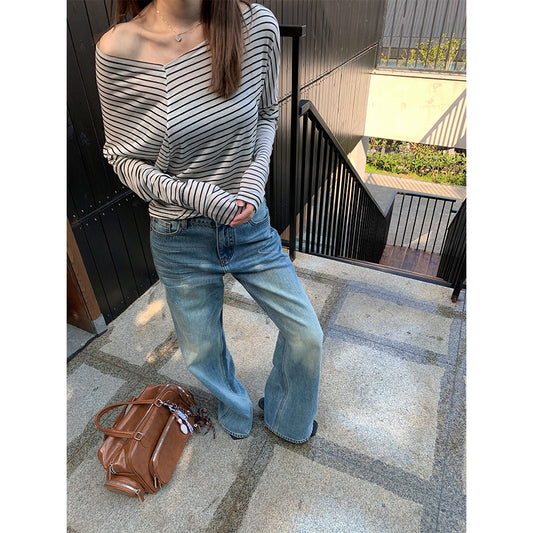 Distressed Denim Pants for Women - Vintage Straight Leg Trousers