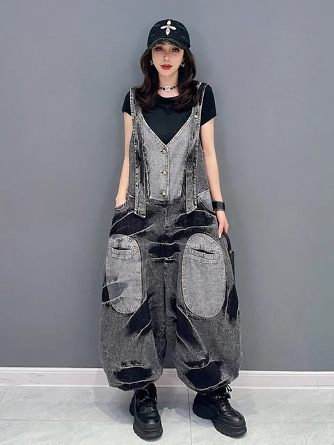 Fashion Women's Denim Patchwork V-neck Single Breasted Pocket Casual Loose Rompers for Summer