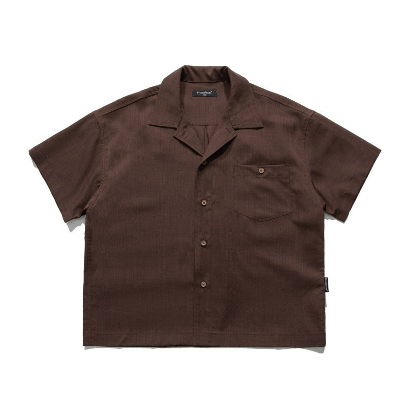 Solid Color Patch Pocket Cuban Collar Loose Workwear Short Sleeved Shirt for Men