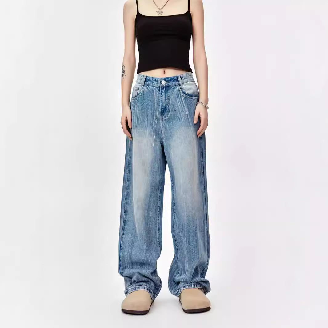 Washed Design Streamline Scratch Oversize Floor-Length Denim Pants