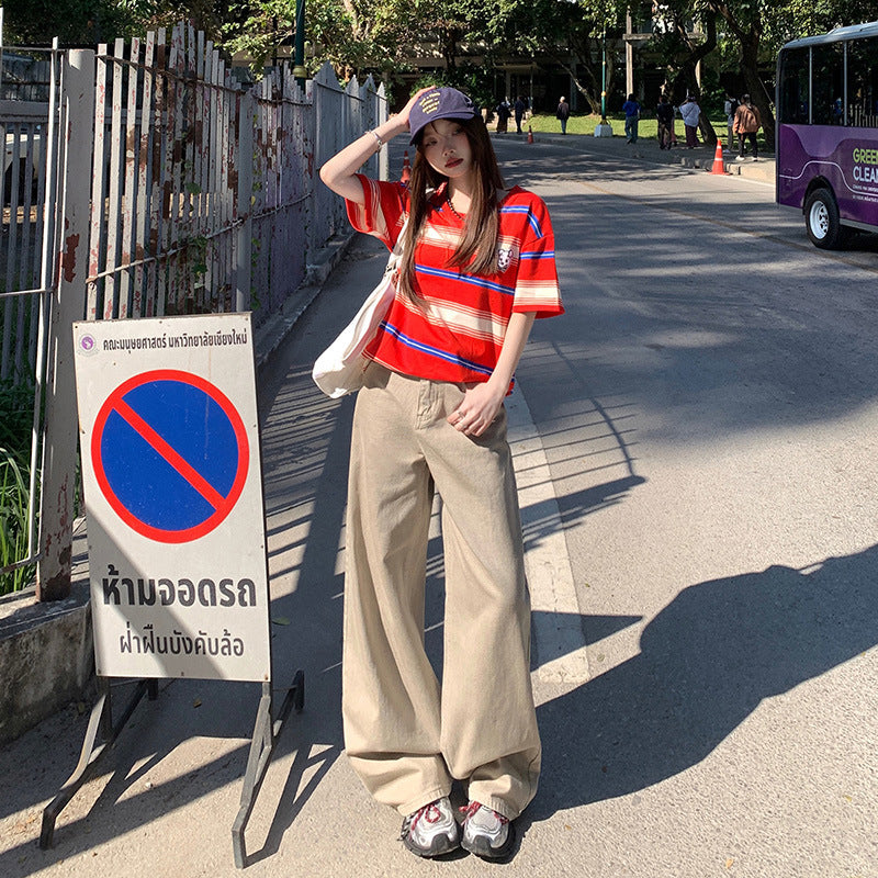 Khaki Denim Pants for Women - Loose Fit, High Waist, Straight Leg, Wide Leg Trousers