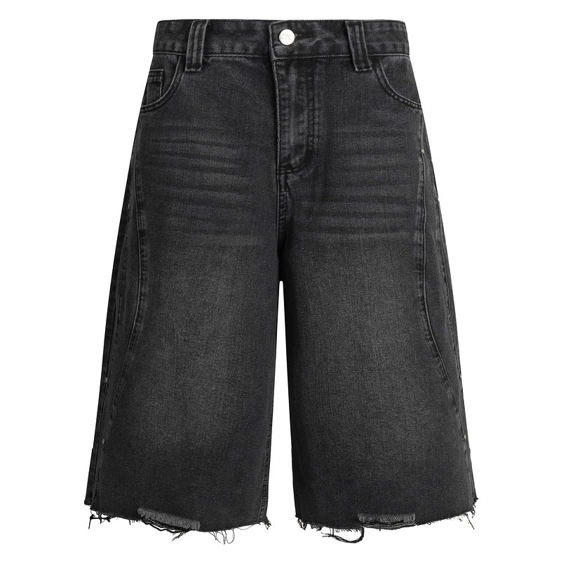 Vintage Washed Denim Shorts for Men - Loose Straight Leg Casual Pants