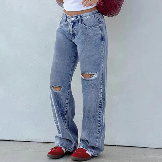 Retro Ripped Loose Floor Wash Denim Jeans