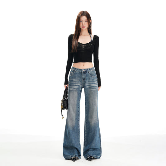 Women's Blue Flared Jeans - Heavy Wash, Hip-Lifting, Non-Clinging