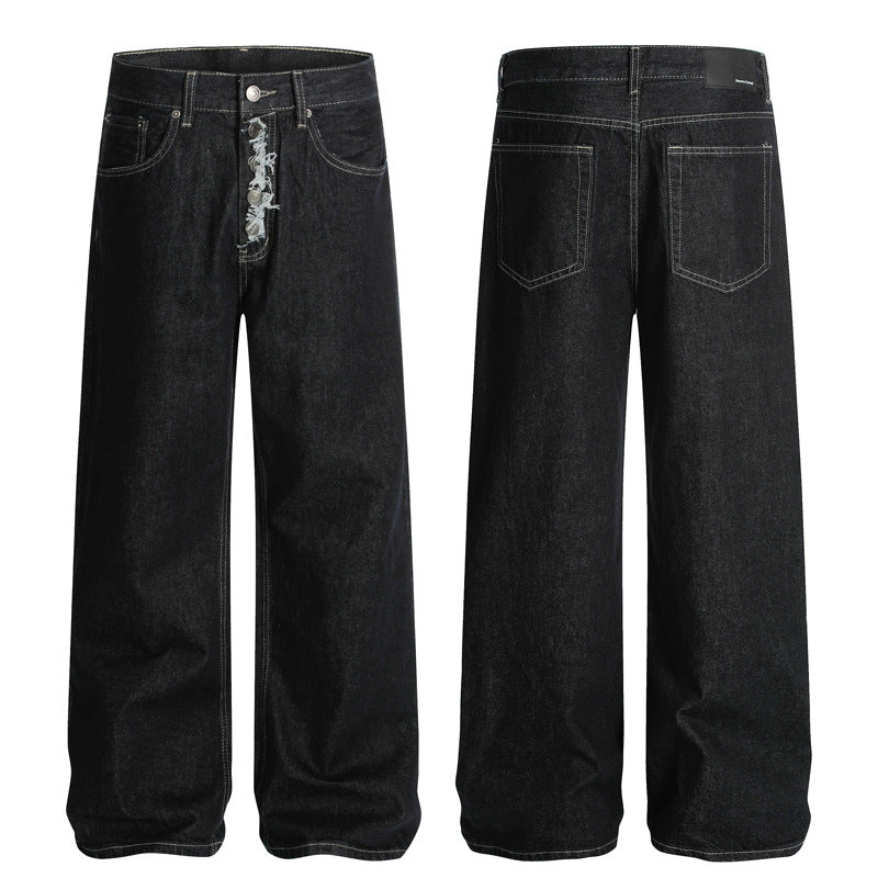 Japanese Premium Distressed Denim Long Pants with Snap Buttons