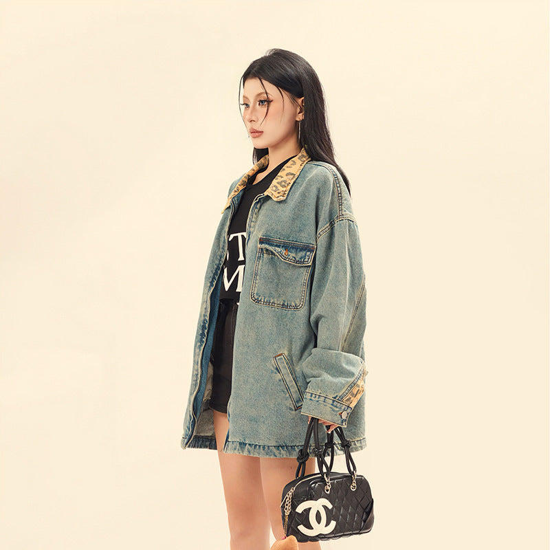 Distressed Denim Jacket with Contrasting Collar and Zipper