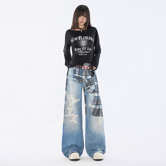 Women's Shirt Belt Printed Denim Straight Leg Trousers