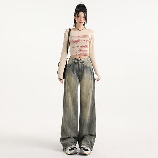 Distressed Stripe Denim Pants for Women - Fashionable Straight Leg Wide Leg Trousers