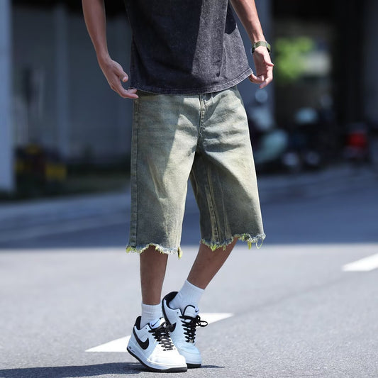 Washed Embroidered Fringed Denim Loose Straight Leg Seven Quarter Pants