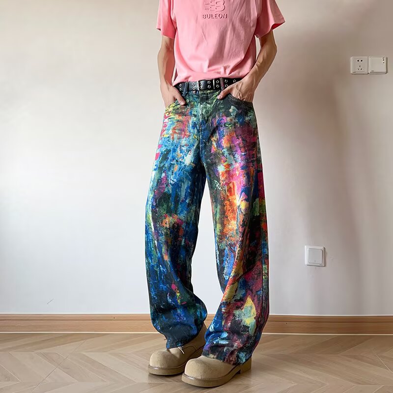 Washed Ink Splashed Oil Painting Color Palette Denim Pants