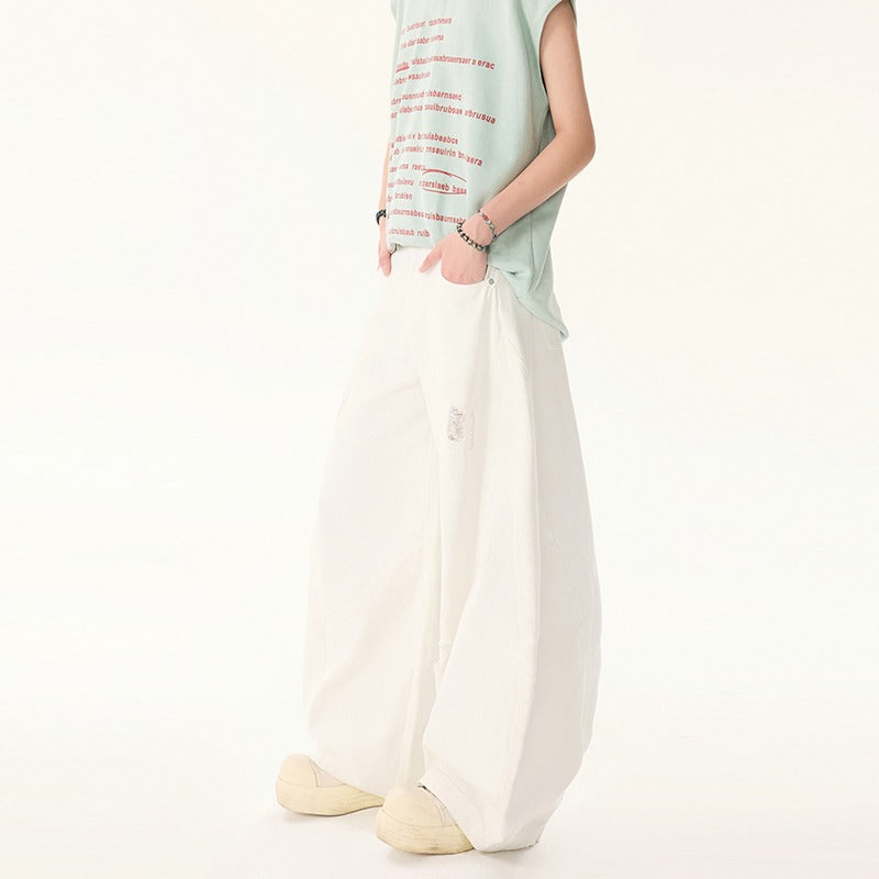 Premium Wide Leg Ripped Banana Straight Leg Denim Pants