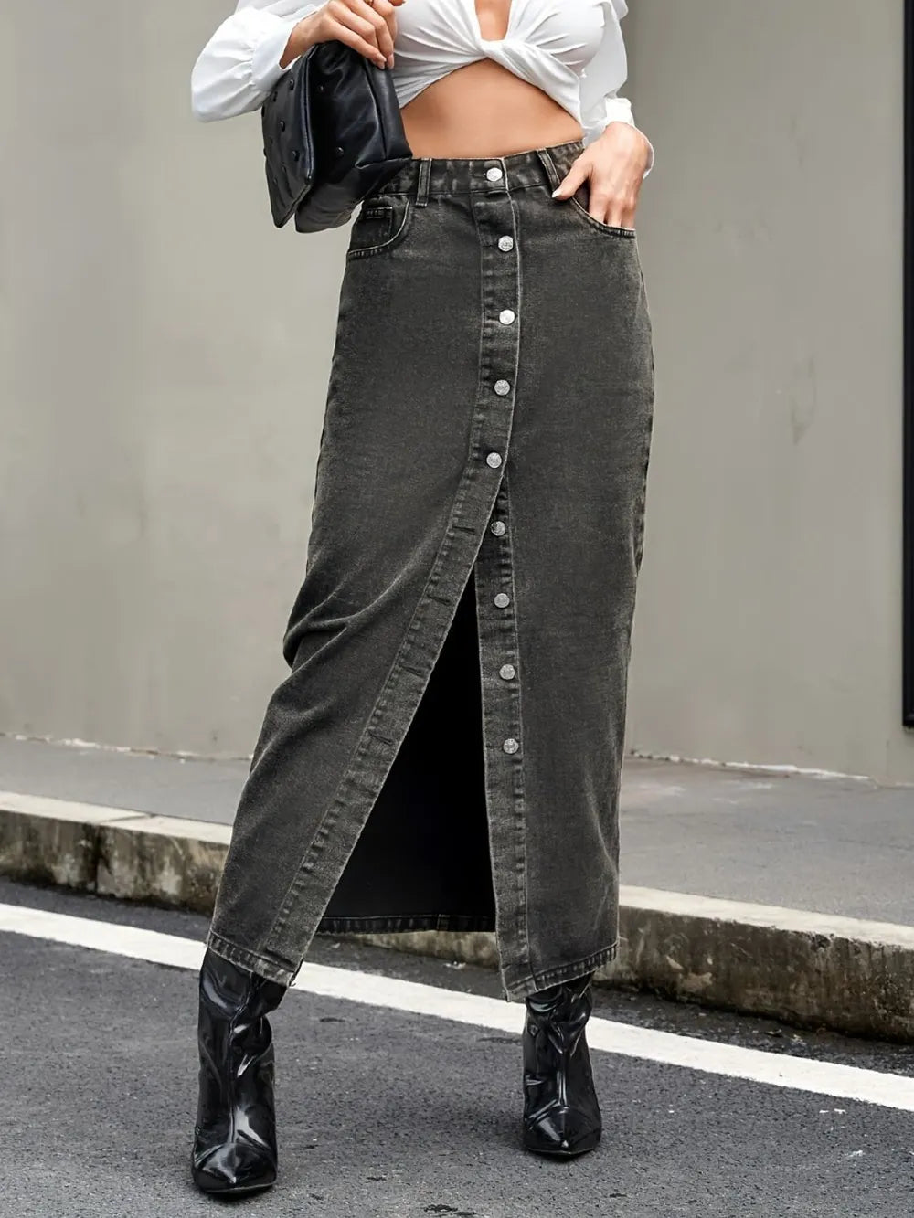 Retro Trendy Multi-Button Denim Skirt