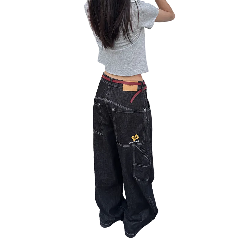 Embroidered Oversized Raw Denim Pants Unisex - Loose Straight Leg