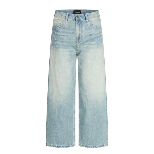 Blue Washed Faded Loose Fit Wide Leg Straight Casual Trousers
