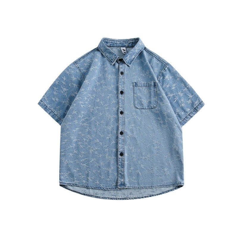 Loose Washable Jacquard Denim Shirt with Patch Pocket Design