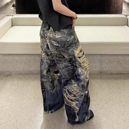 Men's Vintage Distressed 3D Printed Denim Pants