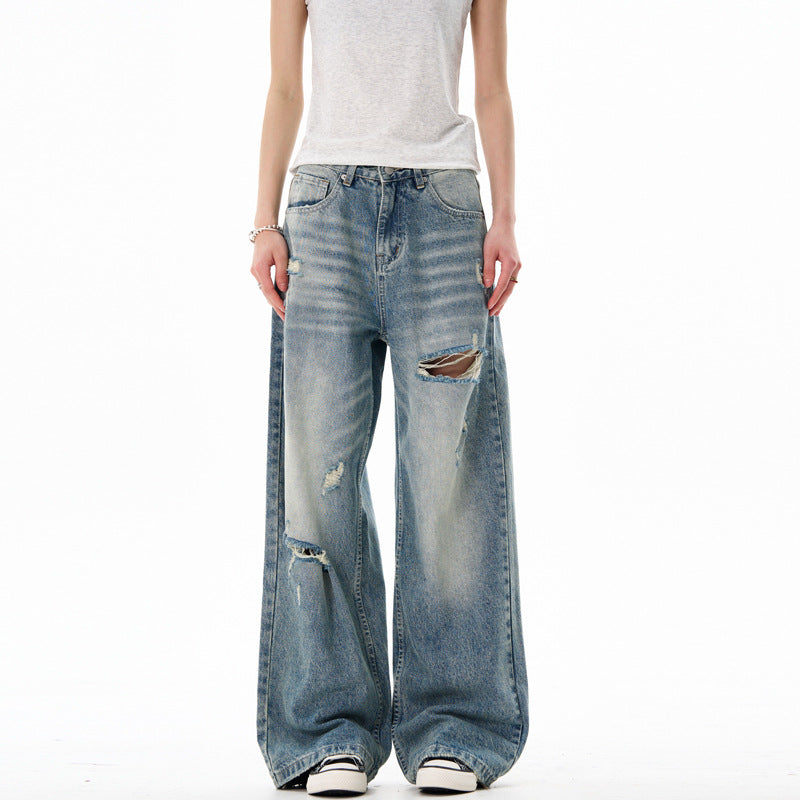 Loose Casual Ripped Straight Leg Wide Leg Pants