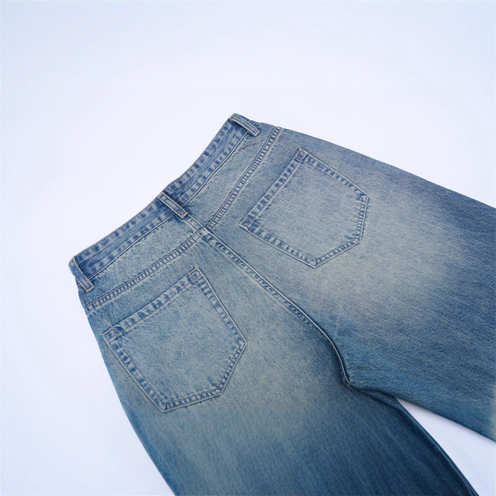 Vintage Men's Jeans, Washed Cat-Whisker Straight Leg, Casual Loose Fit