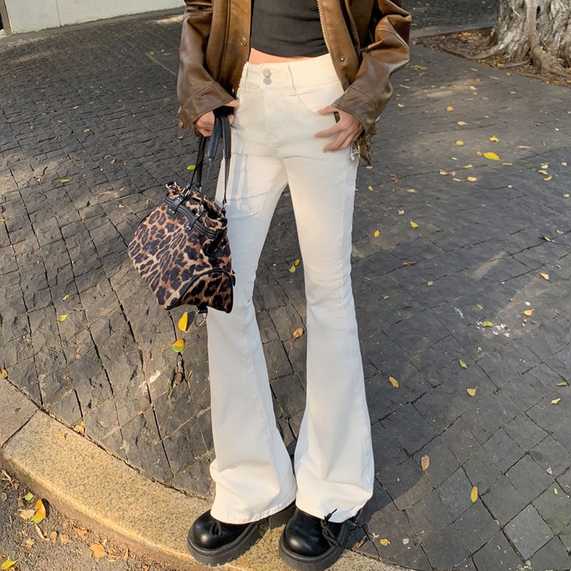 Women's Flared Jeans Double Button Elastic Fitted Versatile Flare Pants