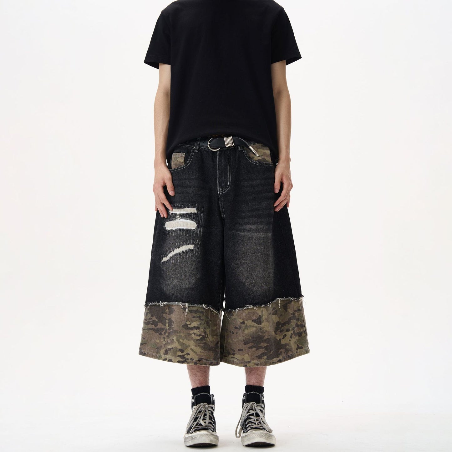 Black Denim Wide Leg Straight Leg Pants - 7 Inch