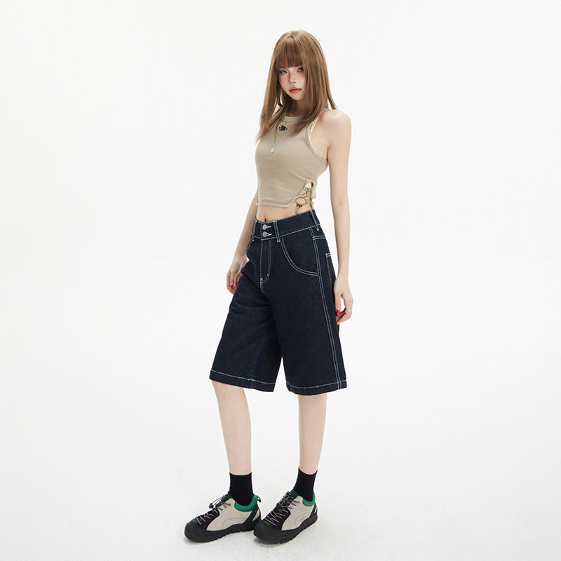 Women's Double Button High Waist Retro Loose Wide Leg Denim Trousers