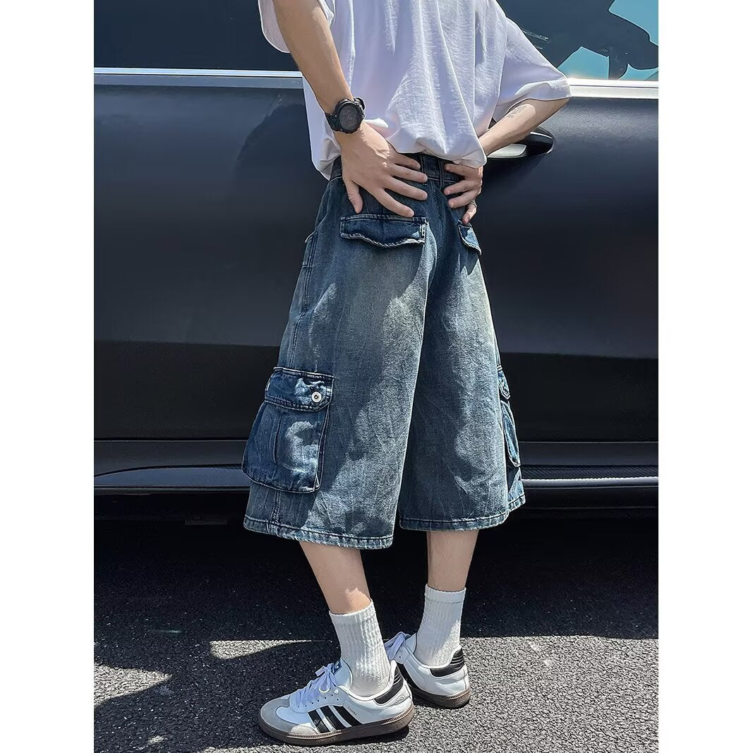Washed Denim Seven Part Wide Leg Workwear Shorts
