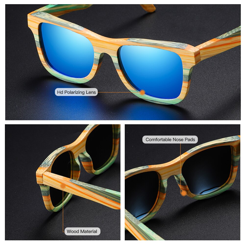 Skateboard Wood Bamboo Sunglasses Polarized Designer Wooden Sun Glasses UV Protection Lens