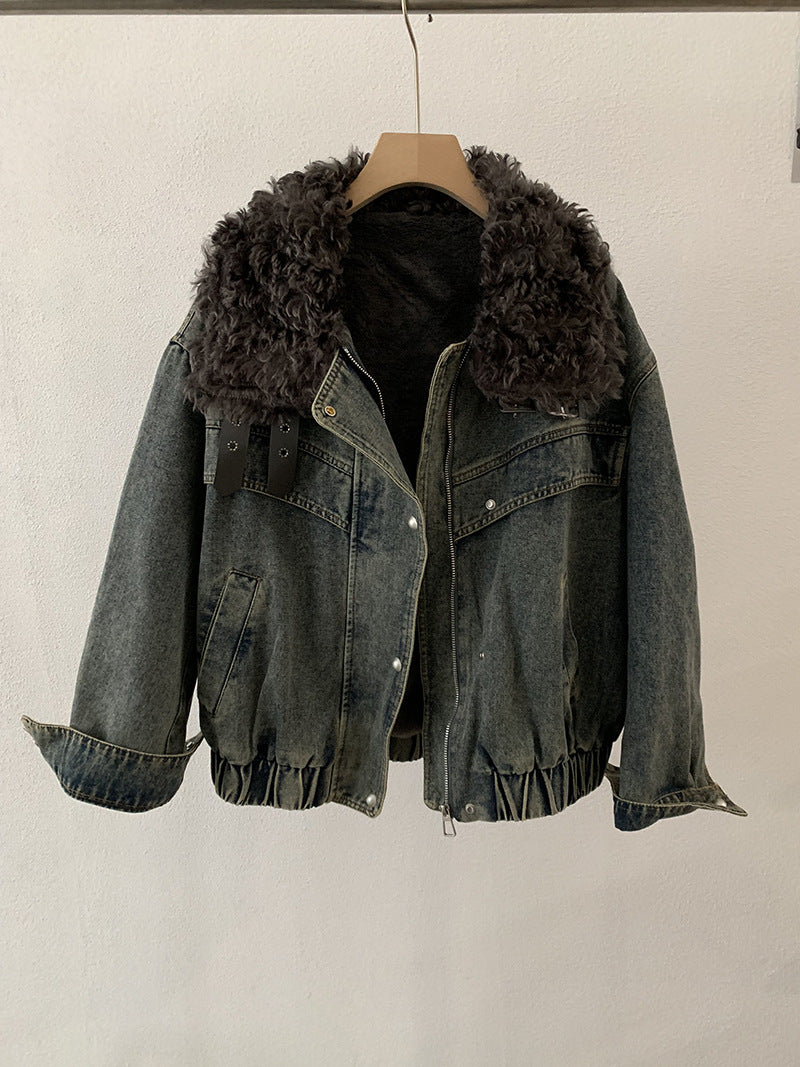 Loose Fleece-lined Thickened Denim Jacket Long Sleeve Casual Warm Top