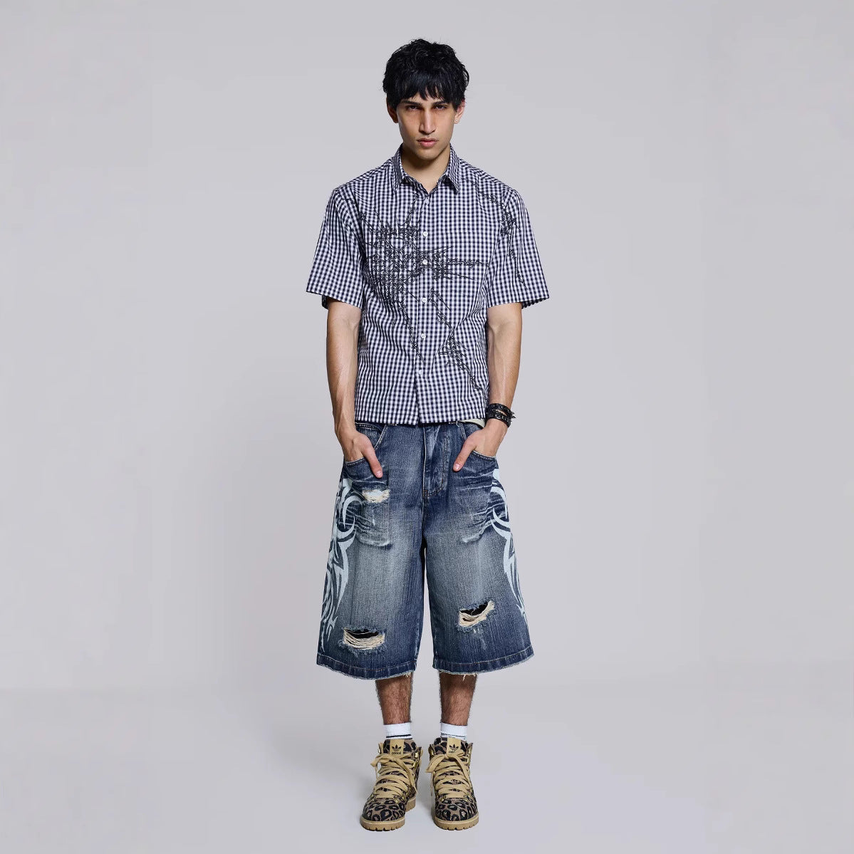 High Street Denim Shorts - Jaded Same Style Totem Print Ripped Wide Leg Pants