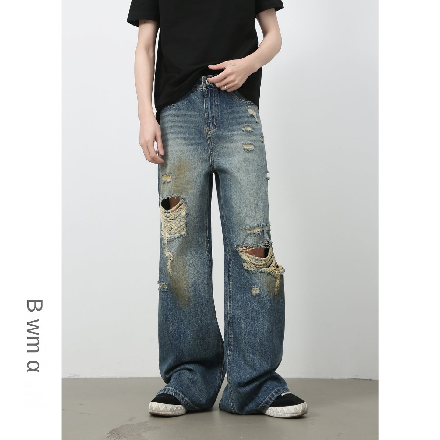 American Retro Distressed Design Floor-Length Denim Trousers for Men - Washed Loose Straight Leg Wide-Leg Pants