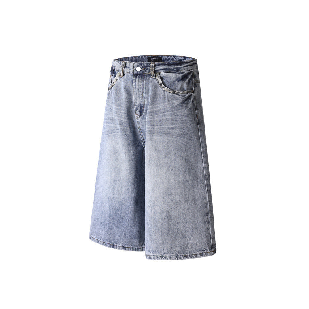 Men's Loose Mid-Rise Cotton Denim Shorts — Blue Street Style