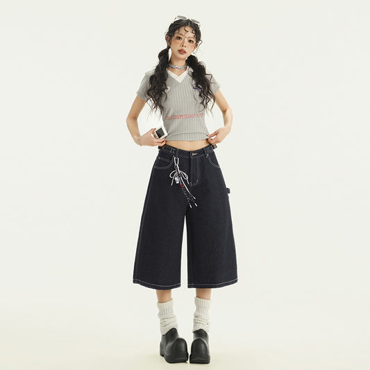 Women's Wide Leg Denim Capri Pants - Summer Loose Drape Trousers