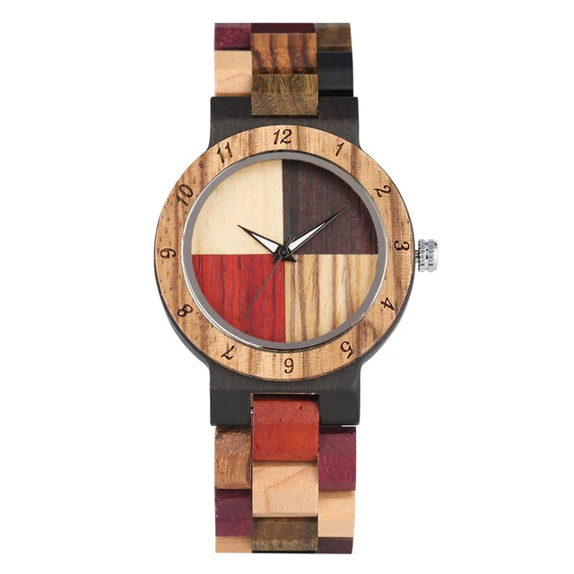 Vintage Wooden Dial Quartz Watch with Colorful Wooden Bangle Band