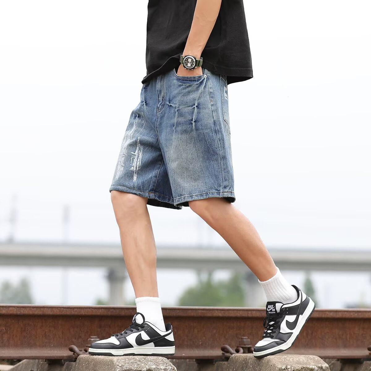 Washed Denim Loose Straight Leg Seven-Eighths Pants