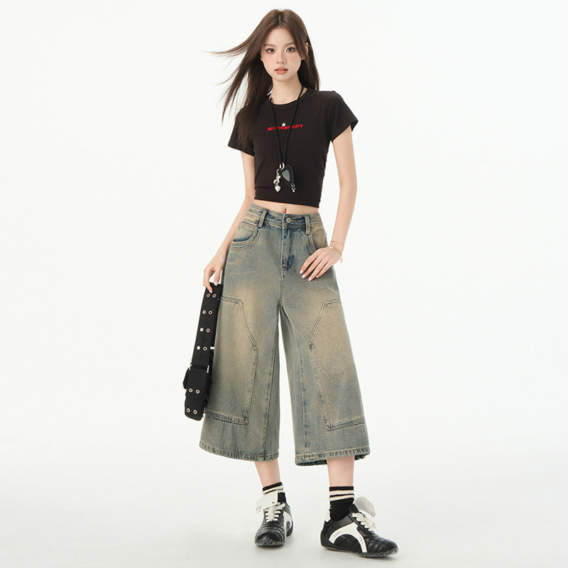 High-Waisted Women's Denim Pants - Vintage Loose Wide-Leg Cropped Style