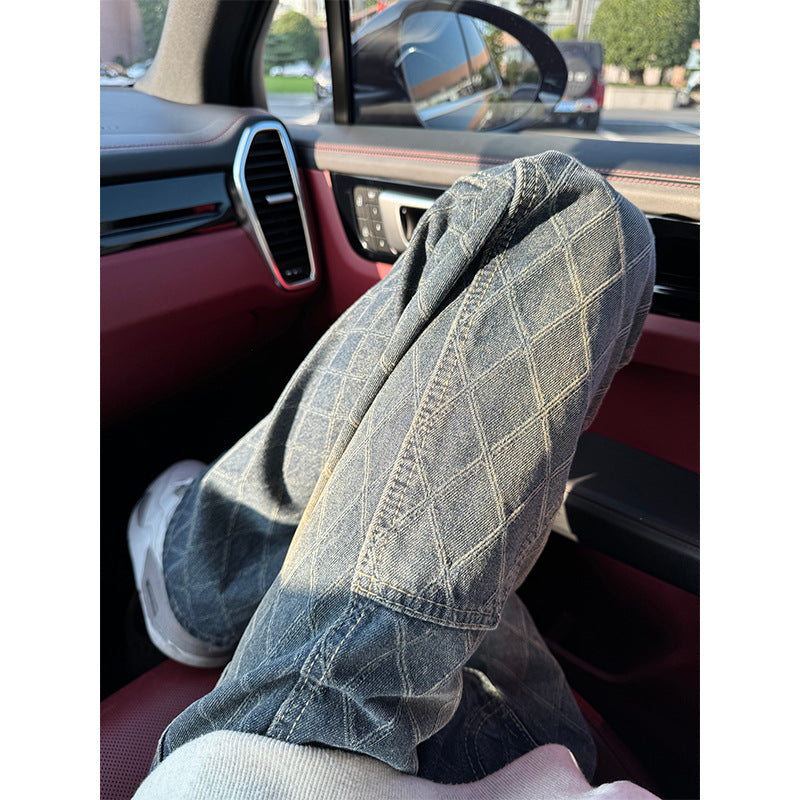 Bent Knife Denim Men's Checkered Micro Pull-Up Slimming Straight Leg Pants