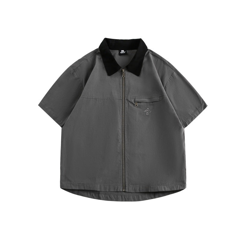 Minimally Embroidered Contrasting Collar Loose Workwear Short Sleeved Shirt for Men