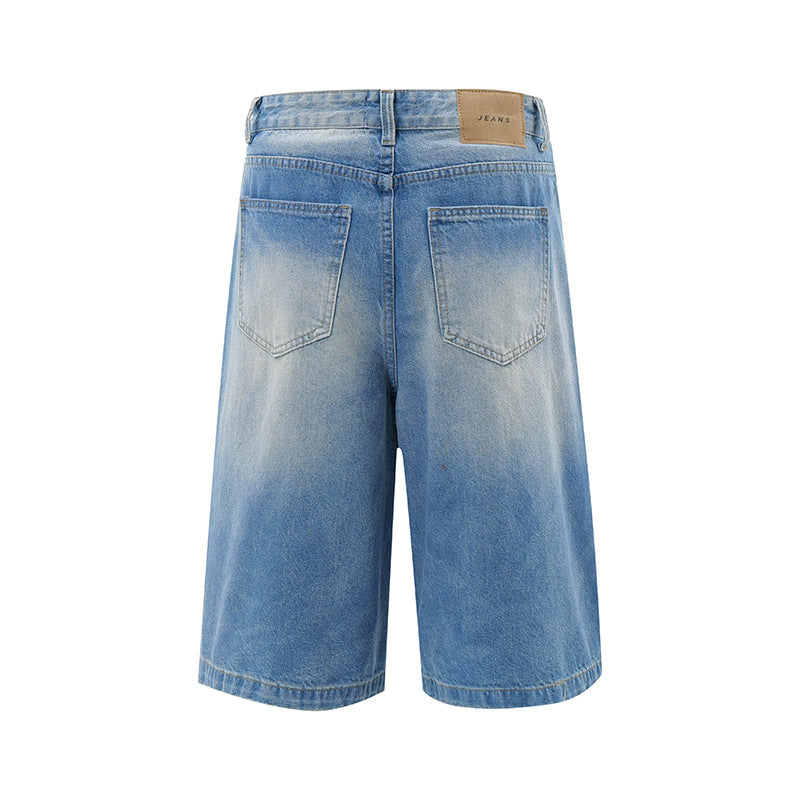 Washed and Worn Flight Button Open Denim Shorts