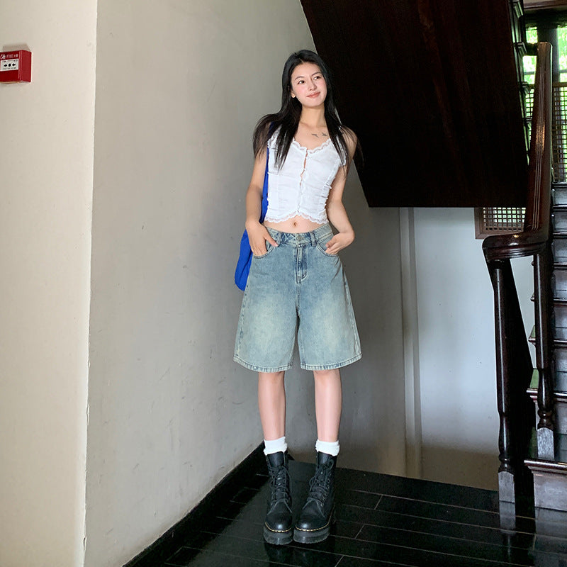 Women's Retro Denim Shorts - High Waist Loose Slim Straight Leg Pants