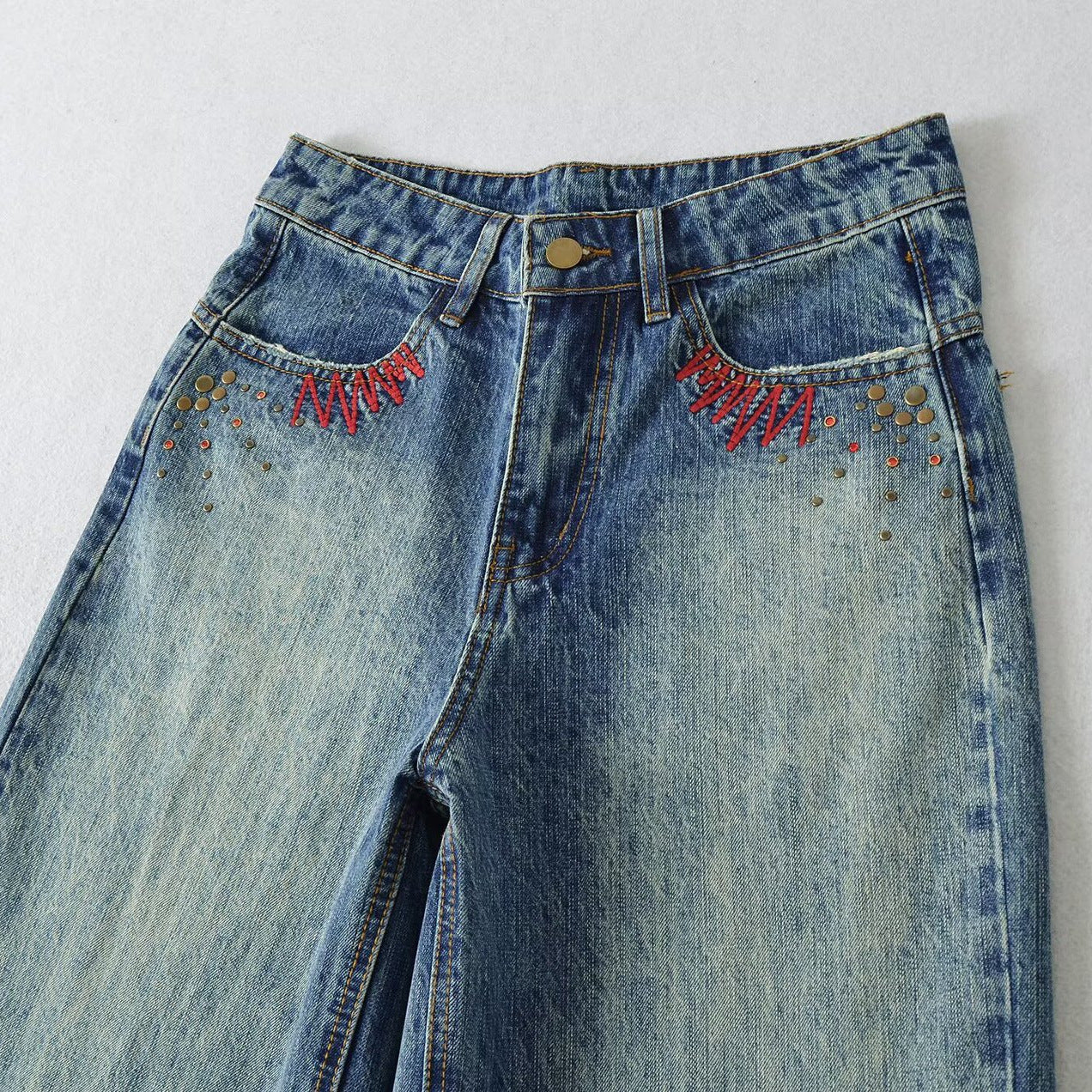 Embroidered and Rhinestone Loose Wide Leg Jeans for Women