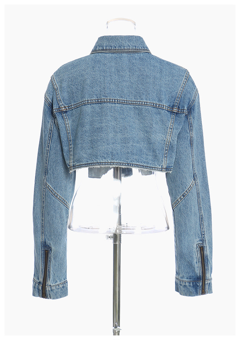 Deep Fried Street Pocket Bright Pink Short Tassel Denim Motorcycle Jacket