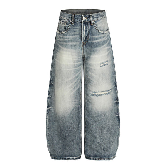 Street Style Men's Jeans, Distressed Catwhisker Knife Cut, Casual Loose Fit, Trendy and Versatile Men's Pants
