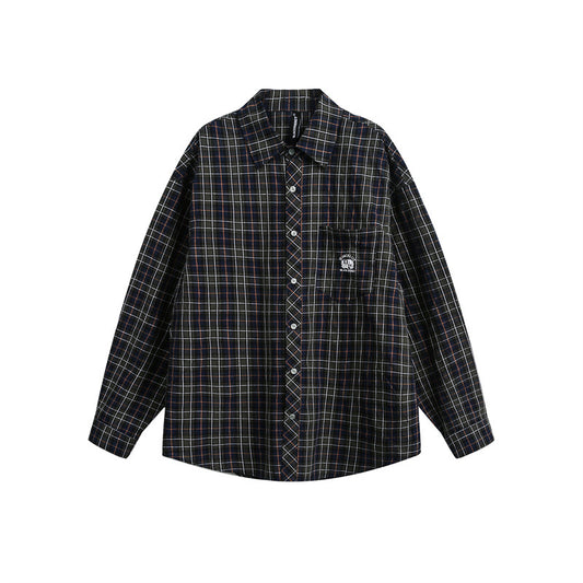 Loose Heavy-Duty Plaid Lapel Long Sleeved Casual Shirt