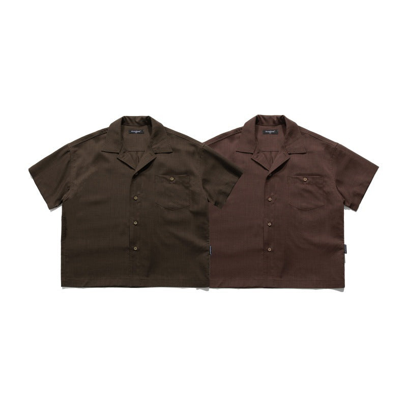 Solid Color Patch Pocket Cuban Collar Loose Workwear Short Sleeved Shirt for Men
