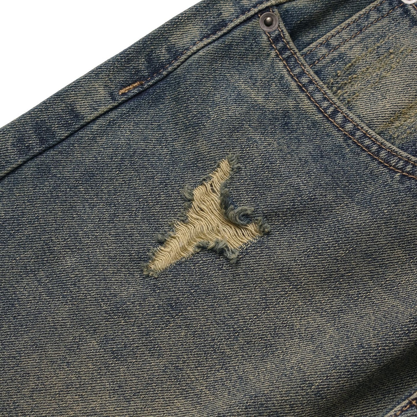 Washed Distressed Yellow Mud Dye Ripped Loose Jeans