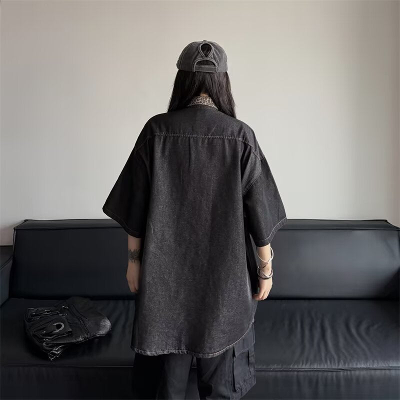 Women's Vintage Style Spliced Denim Short-Sleeve Shirt